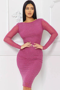 Rose Violet Translucent Rhinestone Midi Dress