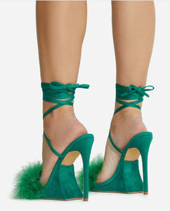 Green Lace Up Fluffy Faux Feather Detail Square Toe Sculptured Platform Stiletto Heel In Faux Leather