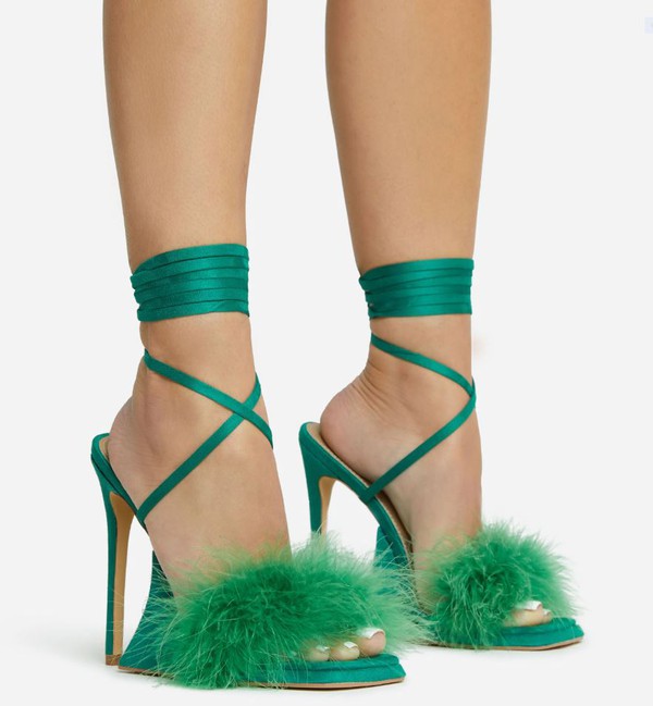 Green Lace Up Fluffy Faux Feather Detail Square Toe Sculptured Platform Stiletto Heel In Faux Leather