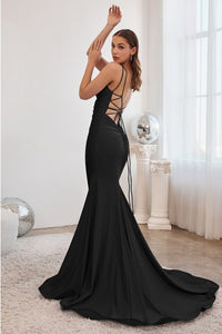 Black Stretch Mermaid Gown With Lace Up Back