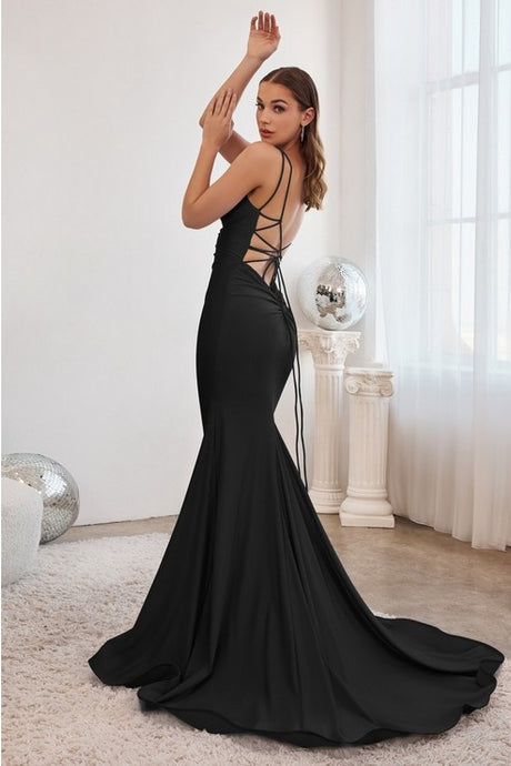 Black Stretch Mermaid Gown With Lace Up Back
