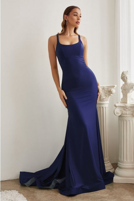 Navy Stretch Mermaid Gown With Lace Up Back