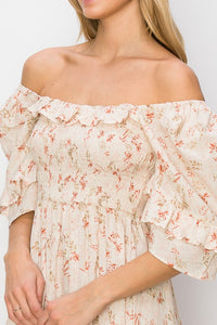 Cream Floral Smocked Top Midi Dress