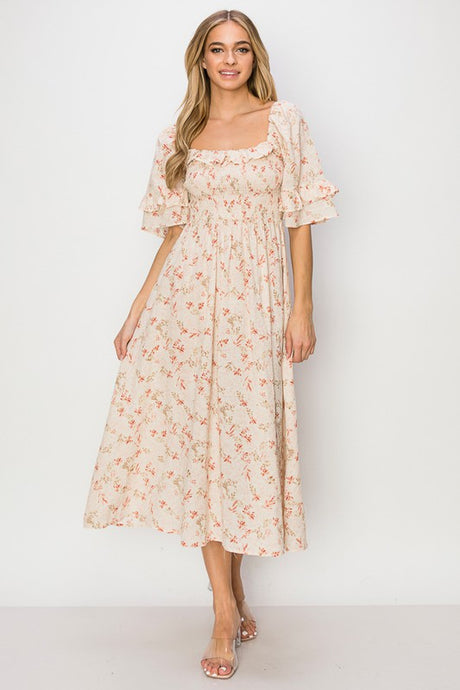Cream Floral Smocked Top Midi Dress
