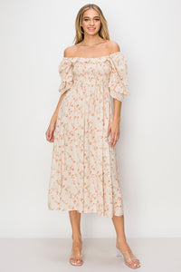 Cream Floral Smocked Top Midi Dress