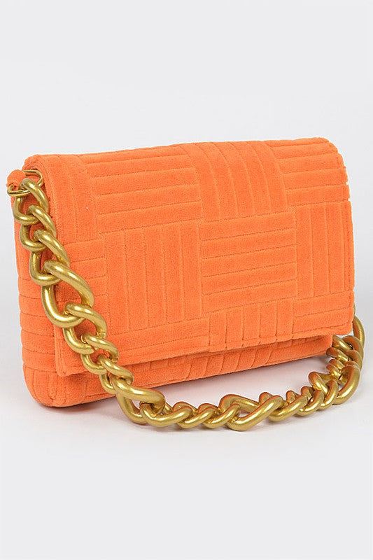 Orange Embossed Micro Suede Chain Clutch