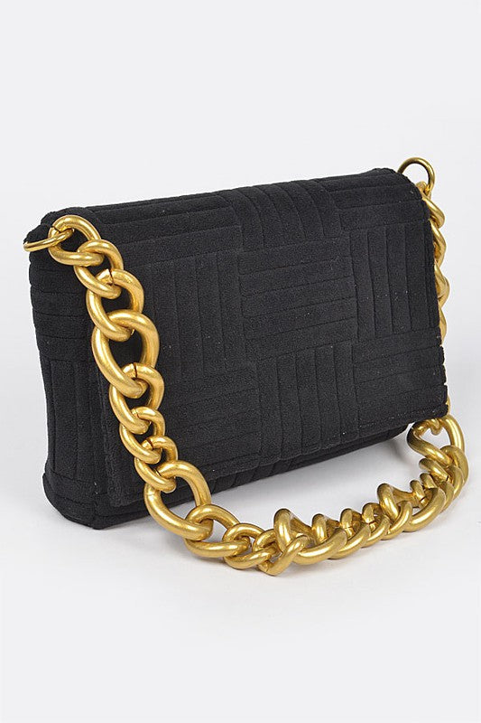 Black Embossed Micro Suede Chain Clutch