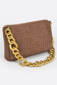 Brown Embossed Micro Suede Chain Clutch