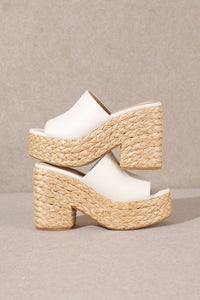 White Straw Natural Chunky Heel Sandals
