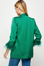 Emerald Feather Trim Boyfriend Satin Blazer