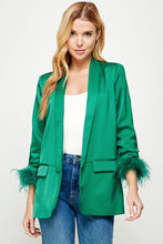 Emerald Feather Trim Boyfriend Satin Blazer