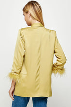 Muted Lime Feather Trim Boyfriend Satin Blazer
