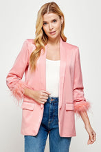 Flamingo Pink Feather Trim Boyfriend Satin Blazer