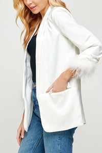 Off White Feather Trim Boyfriend Satin Blazer