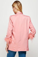 Flamingo Pink Feather Trim Boyfriend Satin Blazer