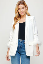 Off White Feather Trim Boyfriend Satin Blazer