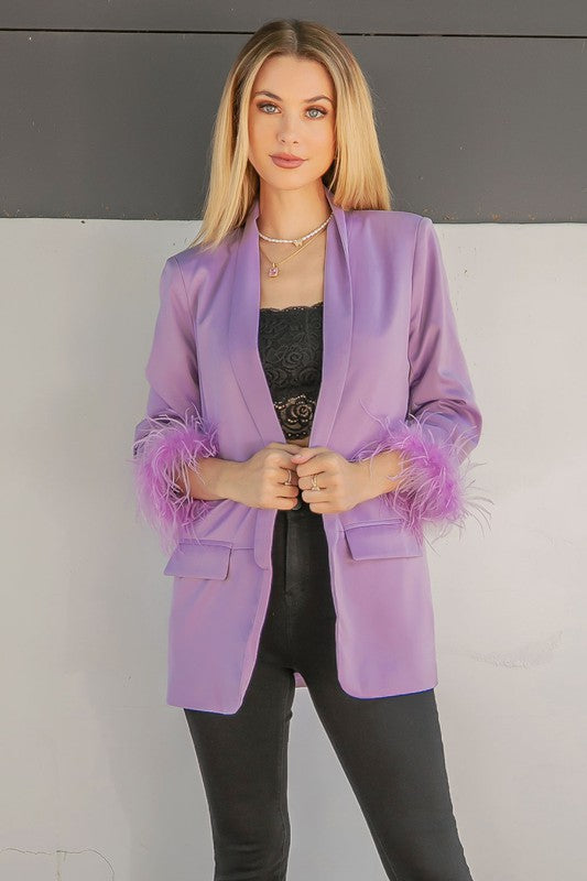 Lilac Feather Trim Boyfriend Satin Blazer