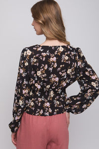 Black Floral Plunge Long Sleeve V-Neck Blouse