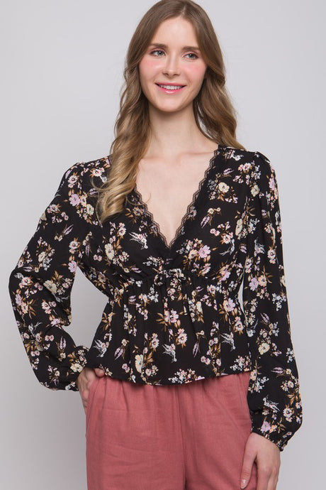 Black Floral Plunge Long Sleeve V-Neck Blouse
