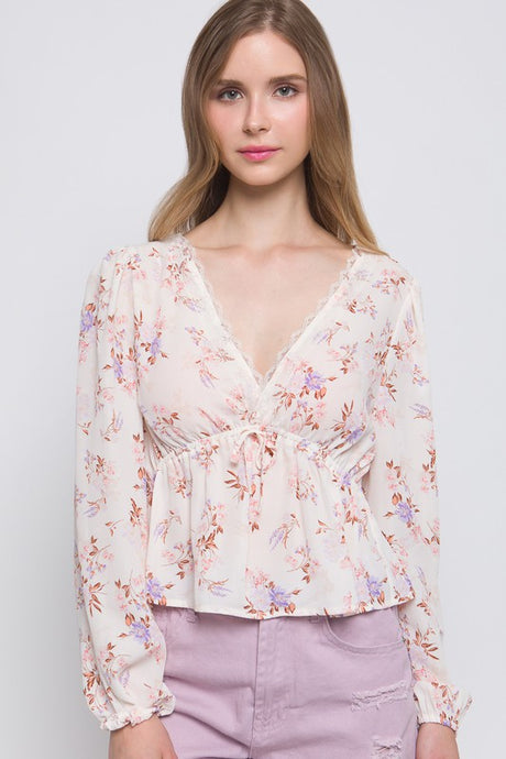 Cream Floral Plunge Long Sleeve V-Neck Blouse