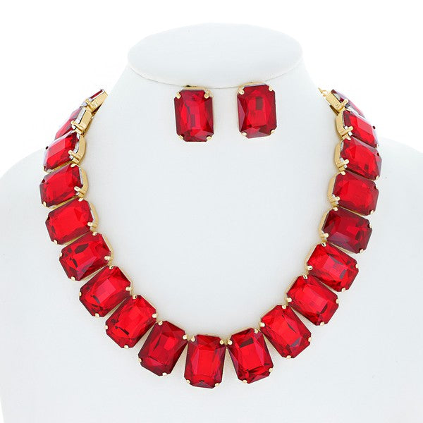 Red Crystal Octagon Cut Collar Necklace Set