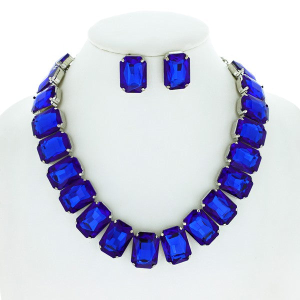 Navy Blue Crystal Octagon Cut Collar Necklace Set