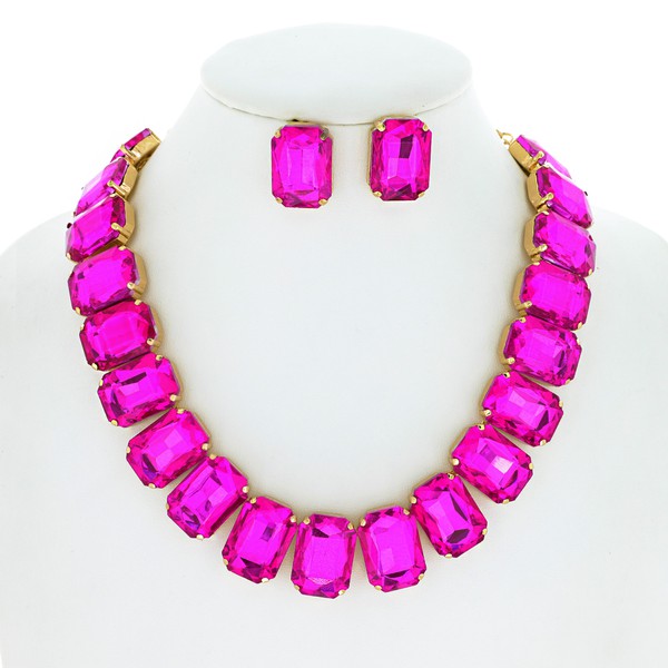 Hot Pink Crystal Octagon Cut Collar Necklace Set
