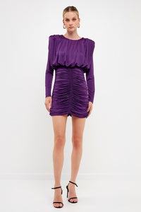 Purple Fluid Shoulder Pad Mini Dress