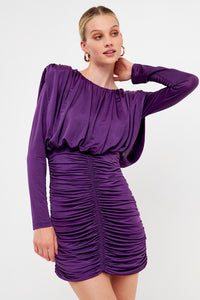 Purple Fluid Shoulder Pad Mini Dress