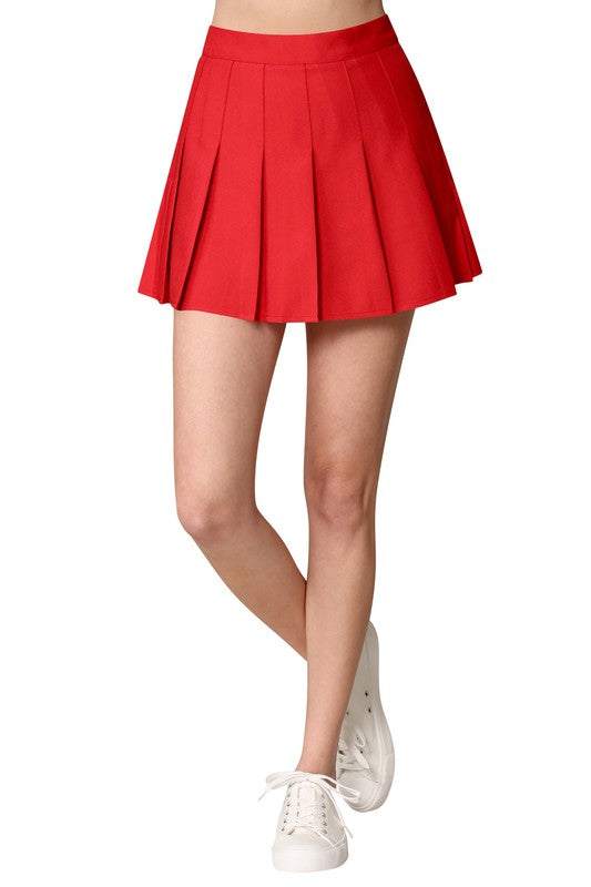 Red High Waist Pleated Skater Skirt With Lining Shorts