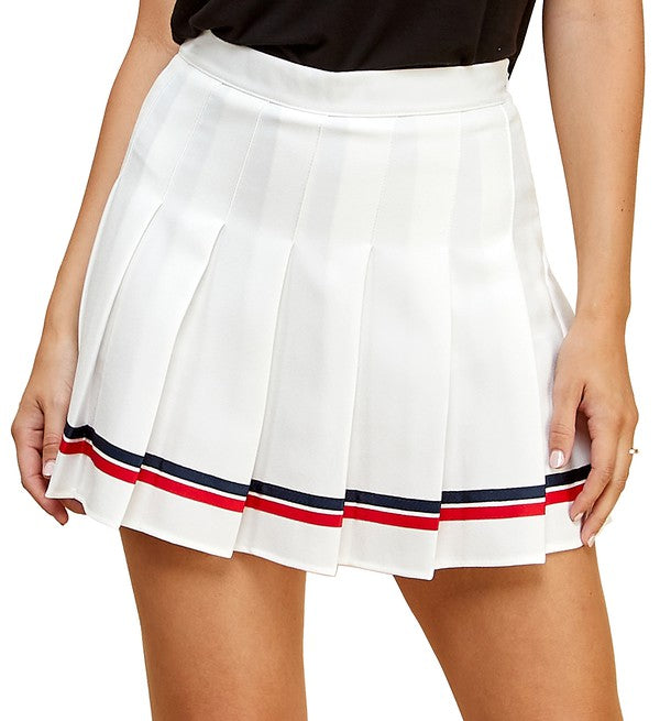 Navy_Red High Waist Pleated Skater Skirt With Lining Shorts