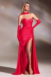 Hot Coral Gloved Long Bare-Breast Slit Satin Evening Gown