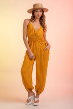 Gold Sleeveless Gathered Waist Jumpsuit With Pockets