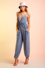 Denim Sleeveless Gathered Waist Jumpsuit With Pockets