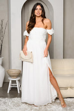 White Off-shoulder Textured Fit-and-flare Maxi Dress