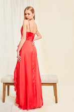 Red Satin V Neck Cascading Ruffle Maxi Dress