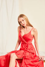 Red Satin V Neck Cascading Ruffle Maxi Dress