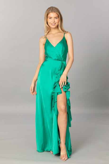 Kelly Green Satin V Neck Cascading Ruffle Maxi Dress