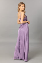 Purple Satin V Neck Cascading Ruffle Maxi Dress