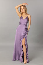 Purple Satin V Neck Cascading Ruffle Maxi Dress