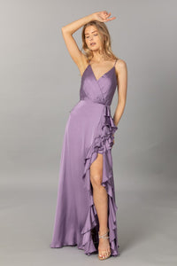 Purple Satin V Neck Cascading Ruffle Maxi Dress
