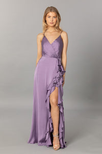 Purple Satin V Neck Cascading Ruffle Maxi Dress