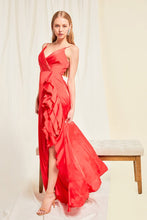 Red Satin V Neck Cascading Ruffle Maxi Dress