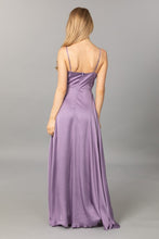 Purple Satin V Neck Cascading Ruffle Maxi Dress
