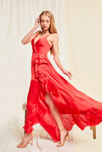Red Satin V Neck Cascading Ruffle Maxi Dress