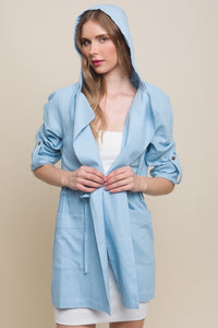 Baby Blue Open Front Hoodie Trench Linen Jacket