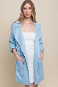 Baby Blue Open Front Hoodie Trench Linen Jacket