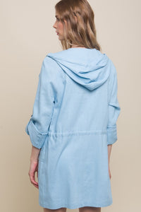 Baby Blue Open Front Hoodie Trench Linen Jacket