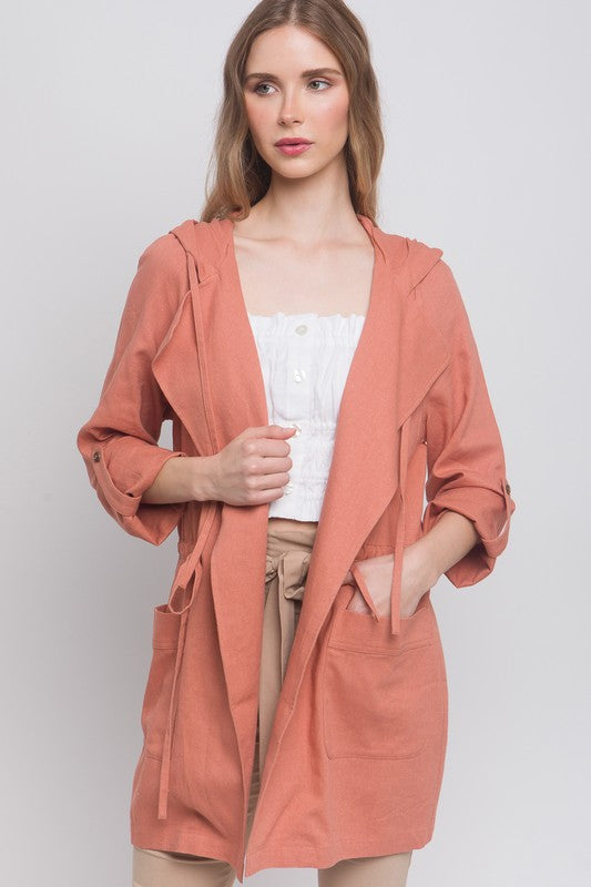Clay Open Front Hoodie Trench Linen Jacket