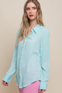 Sky Woven Long Sleeve Button Down Collared Blouse